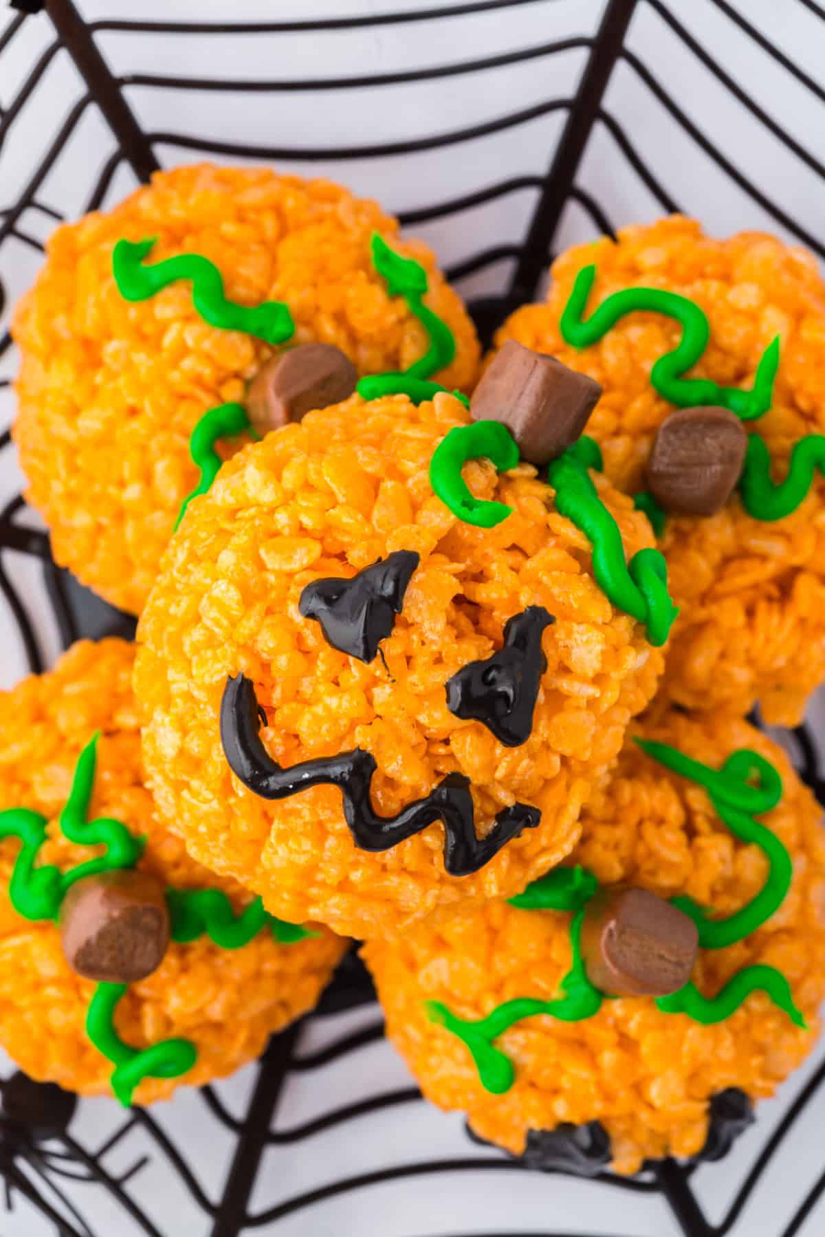 A fun and spooky rice cereal pumpkin treat.