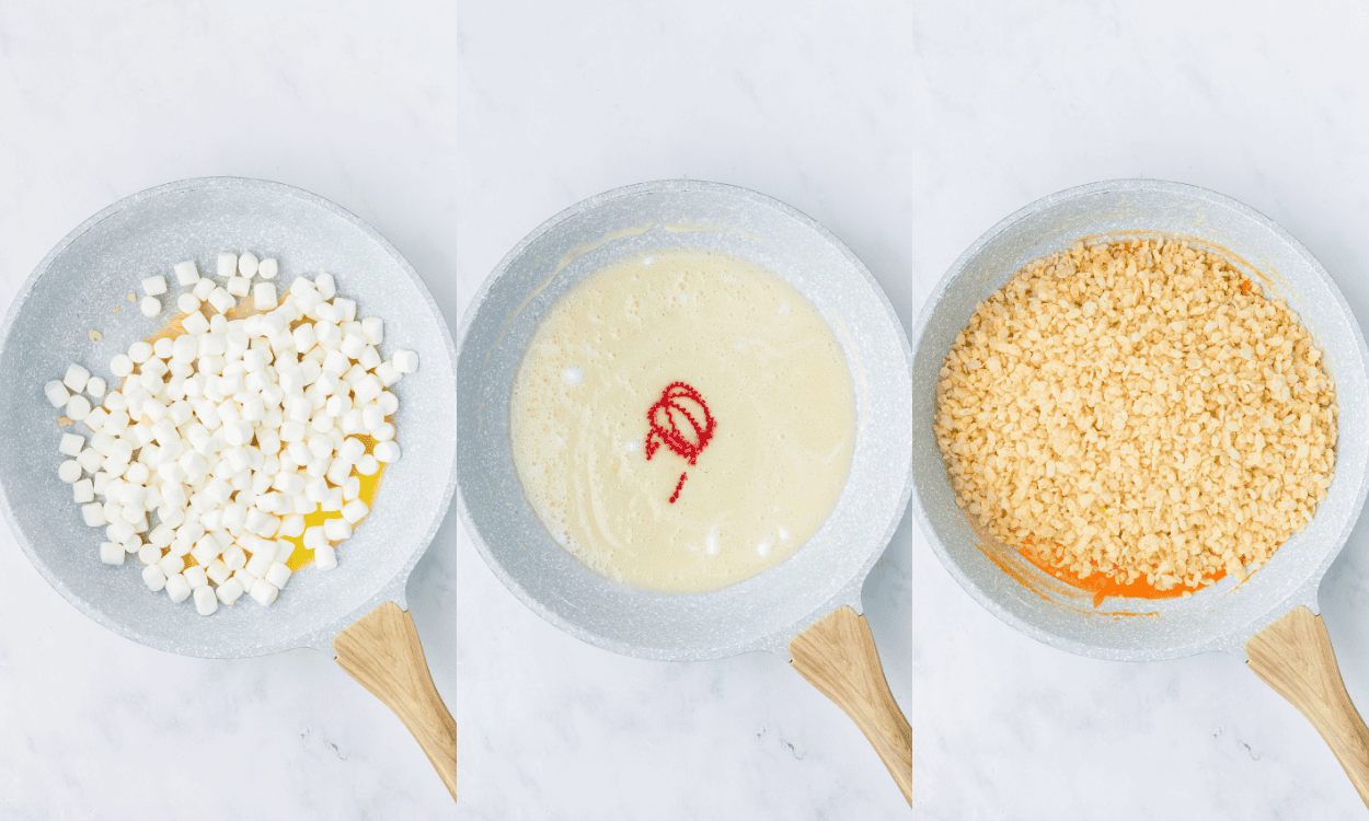 First set of process photos for Halloween Pumpkin Rice Krispie Treats.