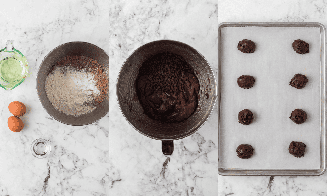 Three process photos showing how to make the brownie cookie portion of a chocolate peanut butter cookie.
