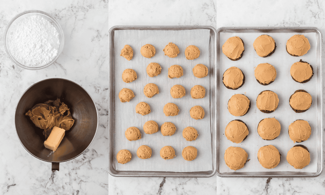Three process photos showing how to make the peanut butter layer for a chocolate peanut butter cookie.