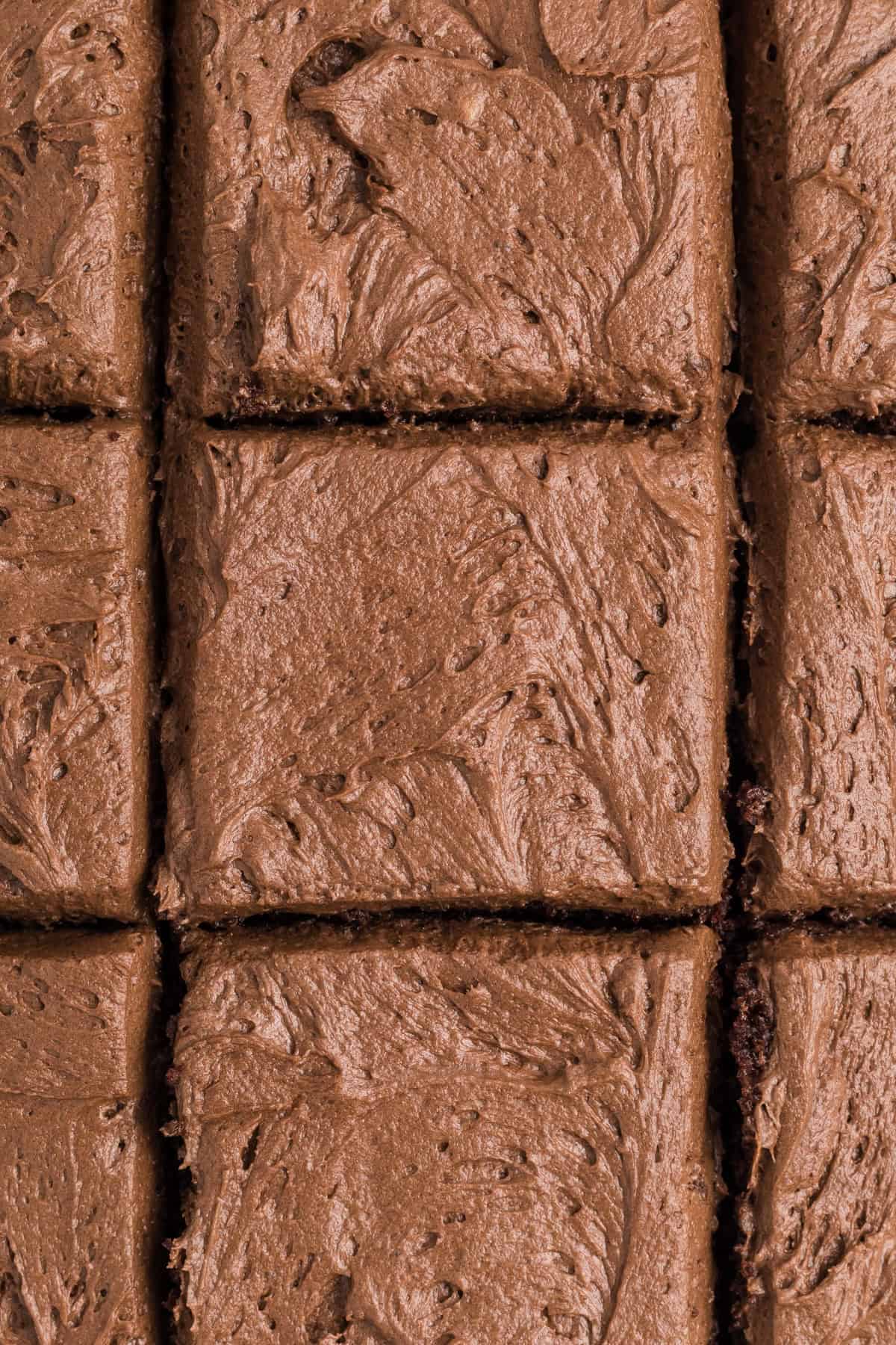 Squares of chocolate buttercream frosted chocolate buttermilk cake.
