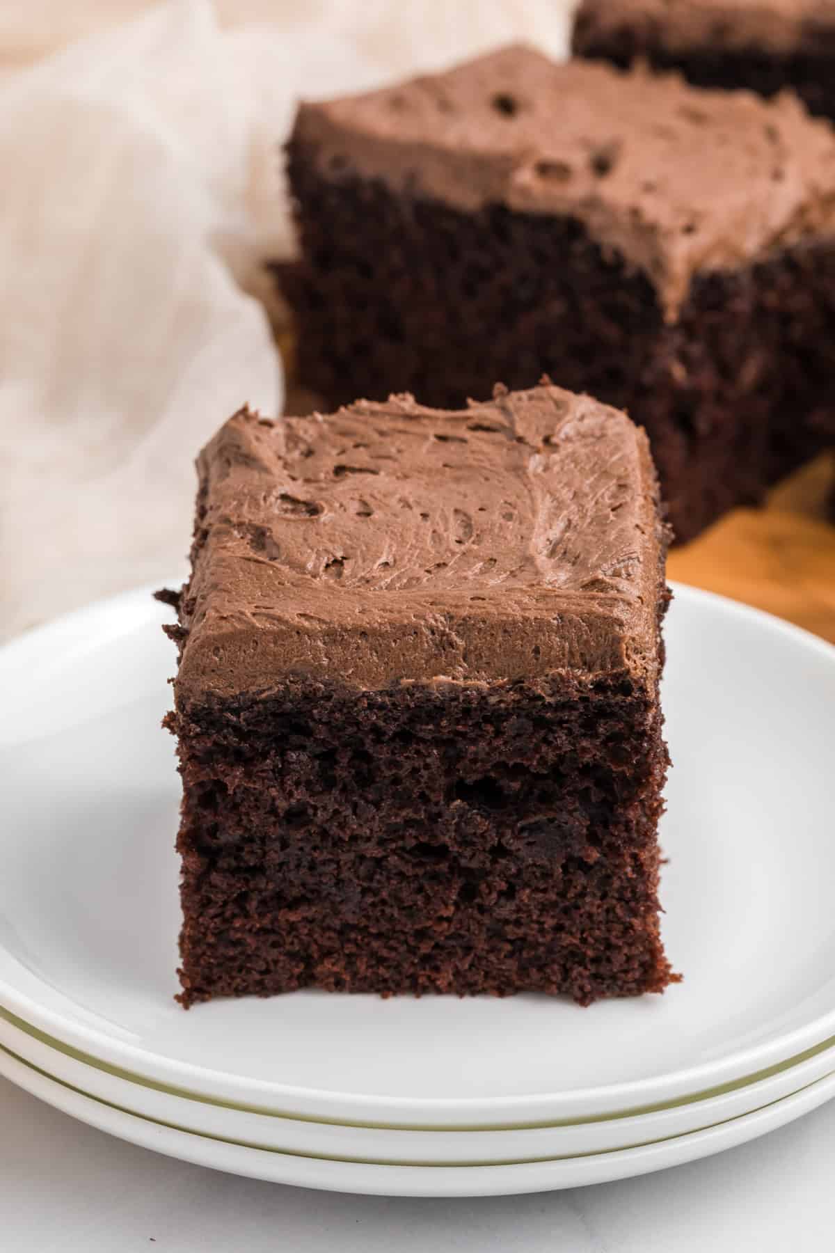 Chocolate Buttercream frosting on top of a Chocolate Buttermilk Cake.