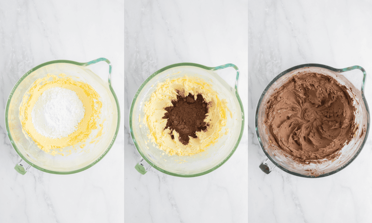 Process photos for Chocolate Buttercream to top the Buttermilk Chocolate Cake.