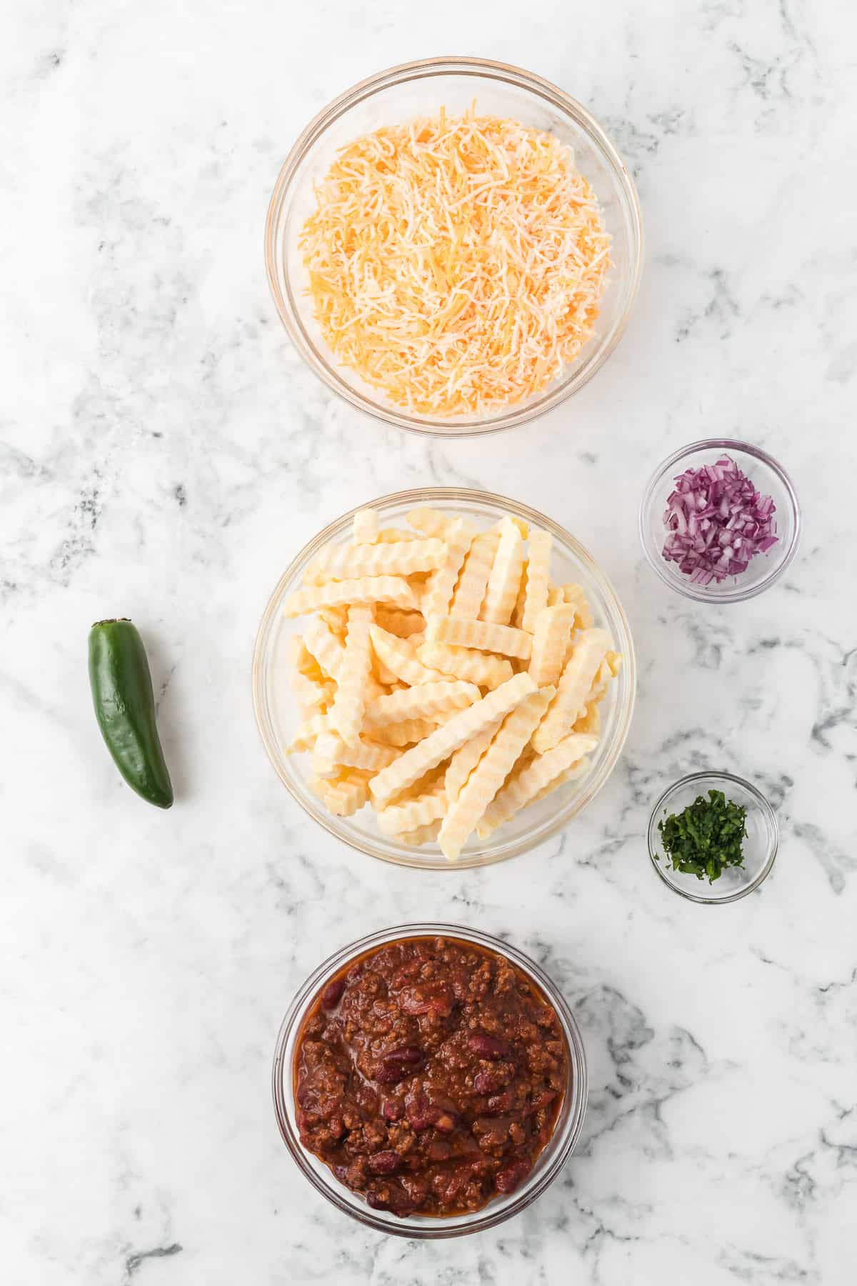 Ingredients for Chili Cheese Fries.