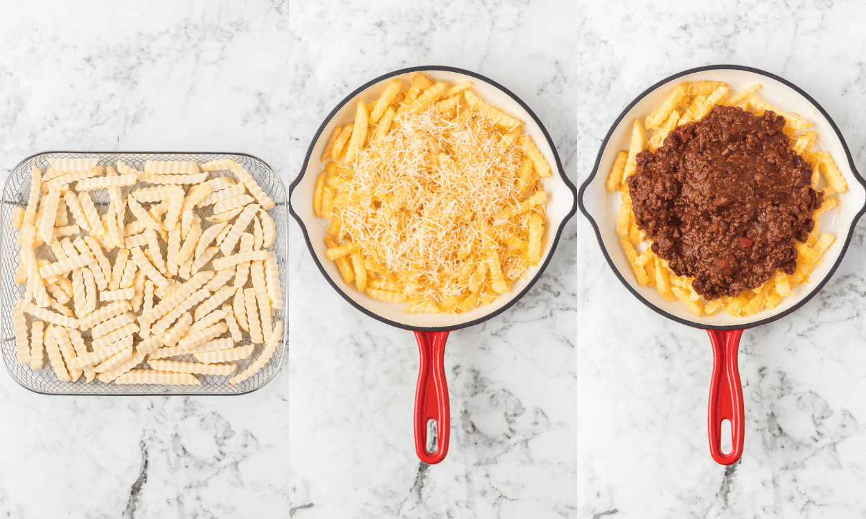 Process photos for Chili Cheese Fries.