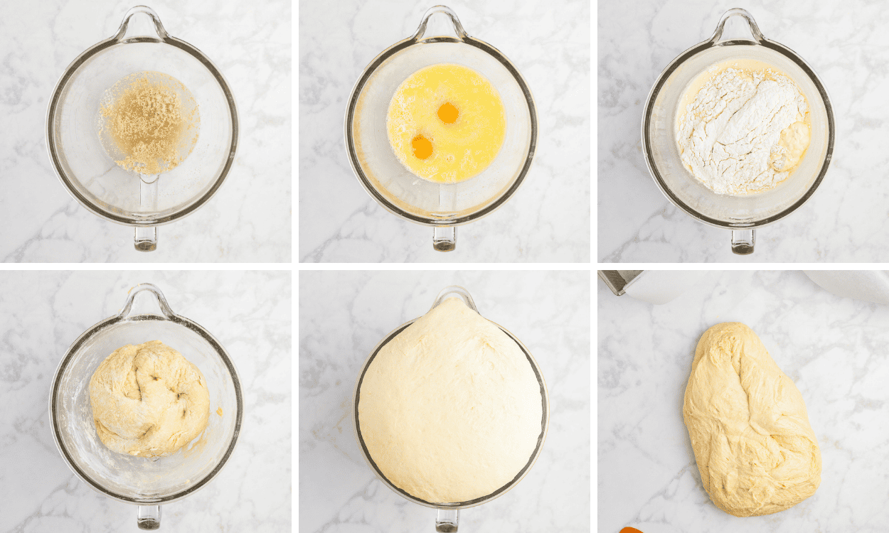 Process photos showing the mixing and blooming of yeast, making a dough and the rising process.
