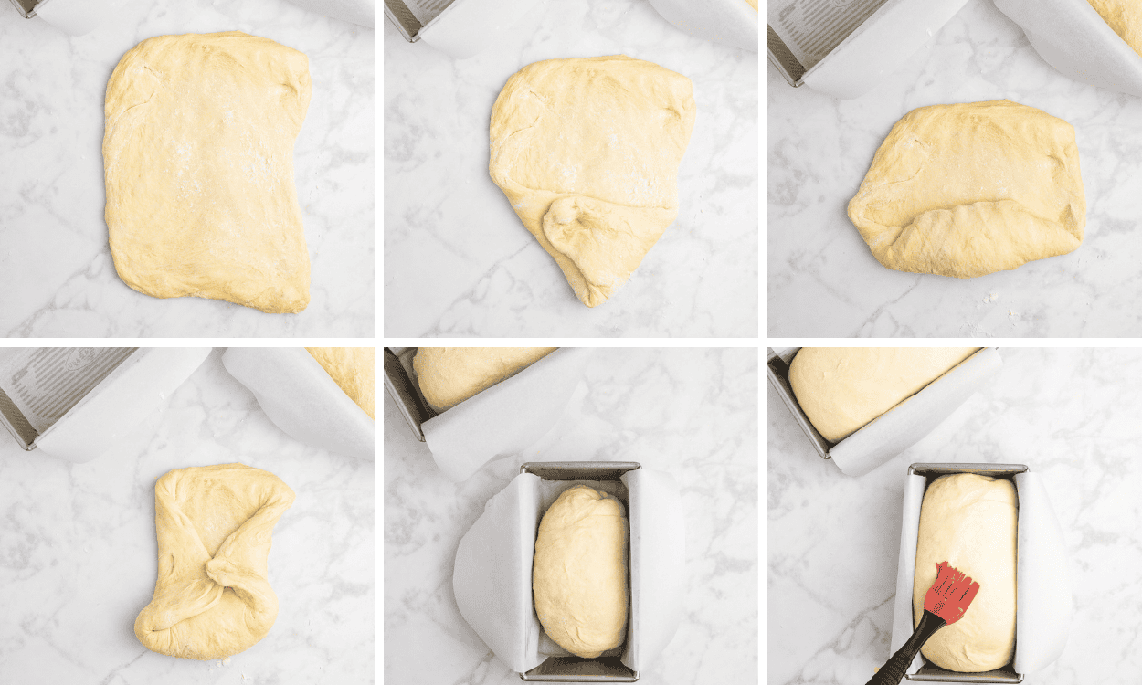 A collage of photos displaying the way to roll up bread dough and placing it into loaf pans.