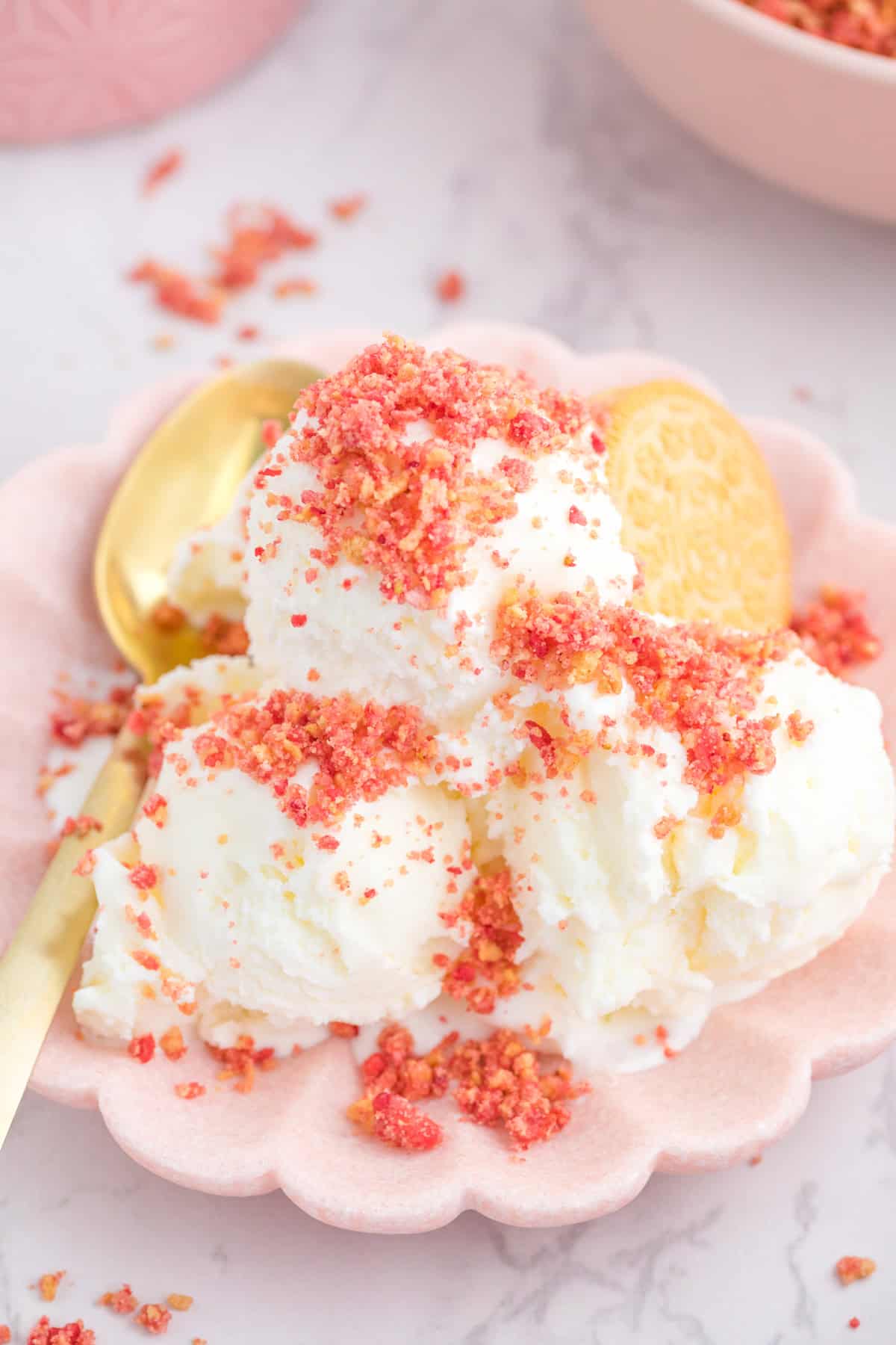 Vanilla ice cream topped with crushed Golden Oreos, freeze-dried strawberries and strawberry gelatin.