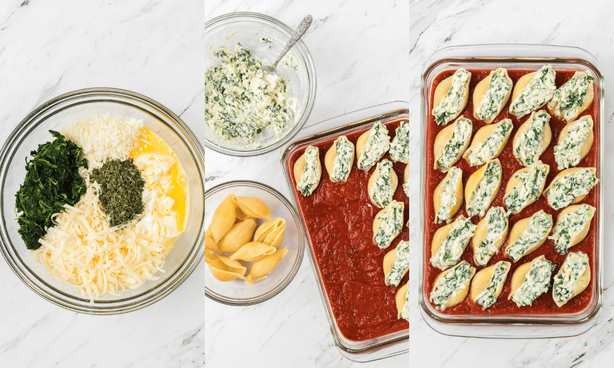 Process photos for making stuffed pasta shells with spinach and ricotta filling.