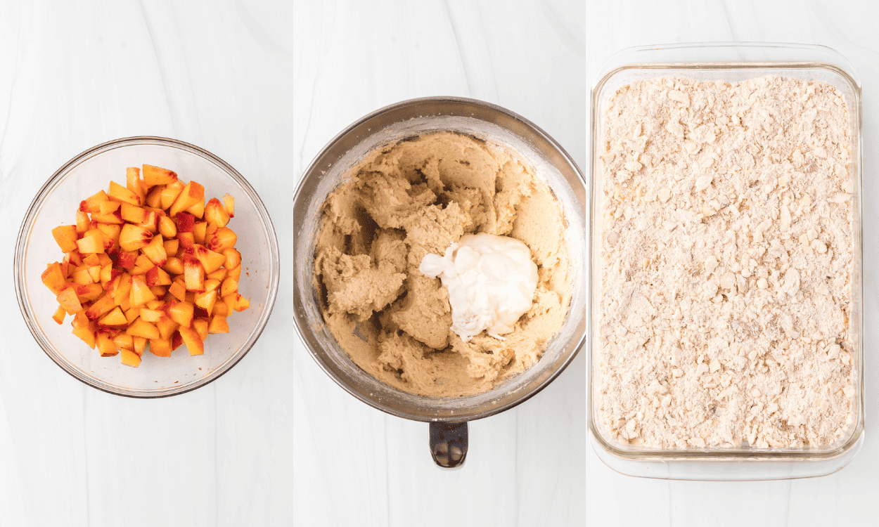 Process photos for how to make Crumb Cake with Peaches.