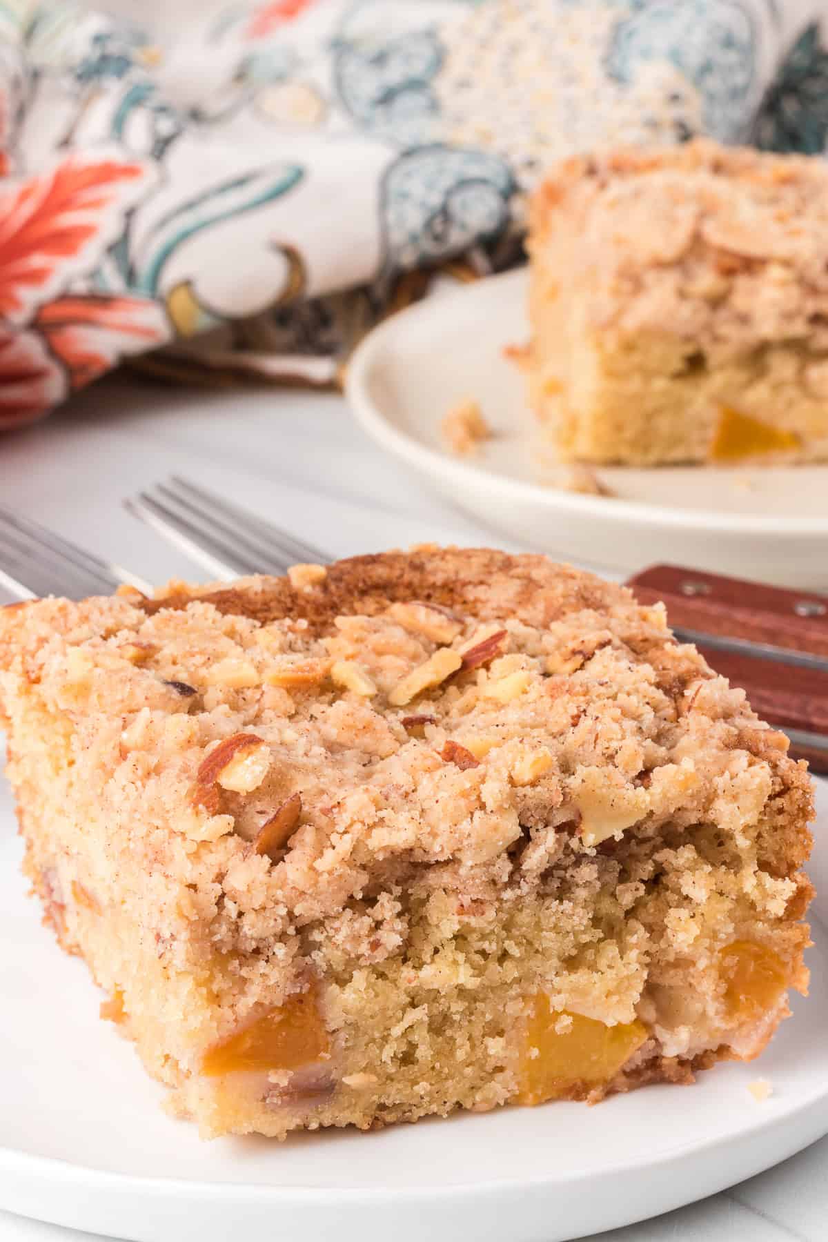 Delicious crumb cake featuring fresh peaches and a crunchy topping. Perfect for breakfast or dessert.