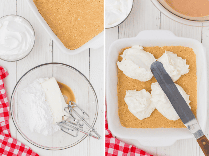Two photos showing the process of making a cheesecake layer for a no bake dessert.