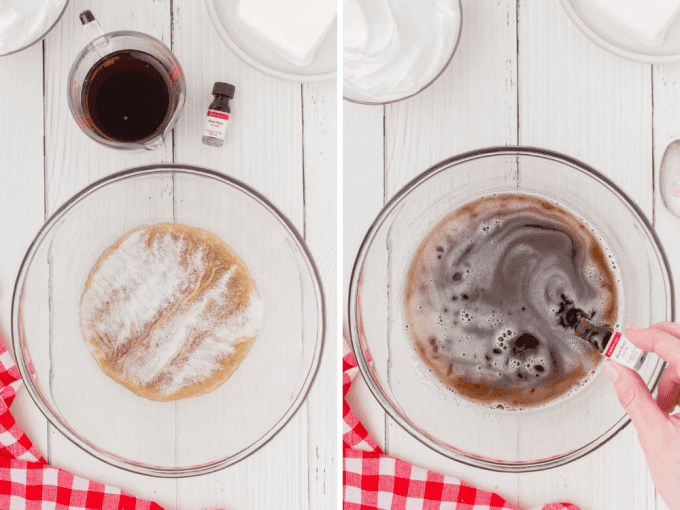 Two process photos for making root beer gelatin.