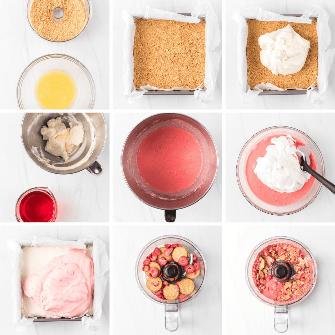 9 process photos to make a no bake strawberry bar dessert.