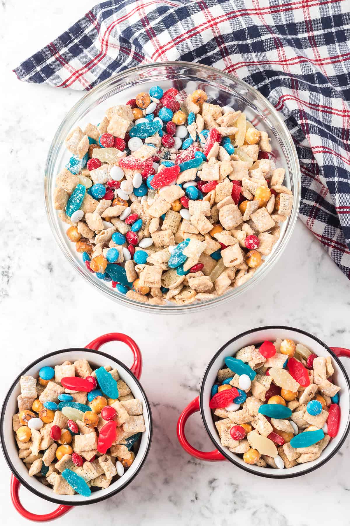 Patriotic candies in a cereal peanut butter snack mix.