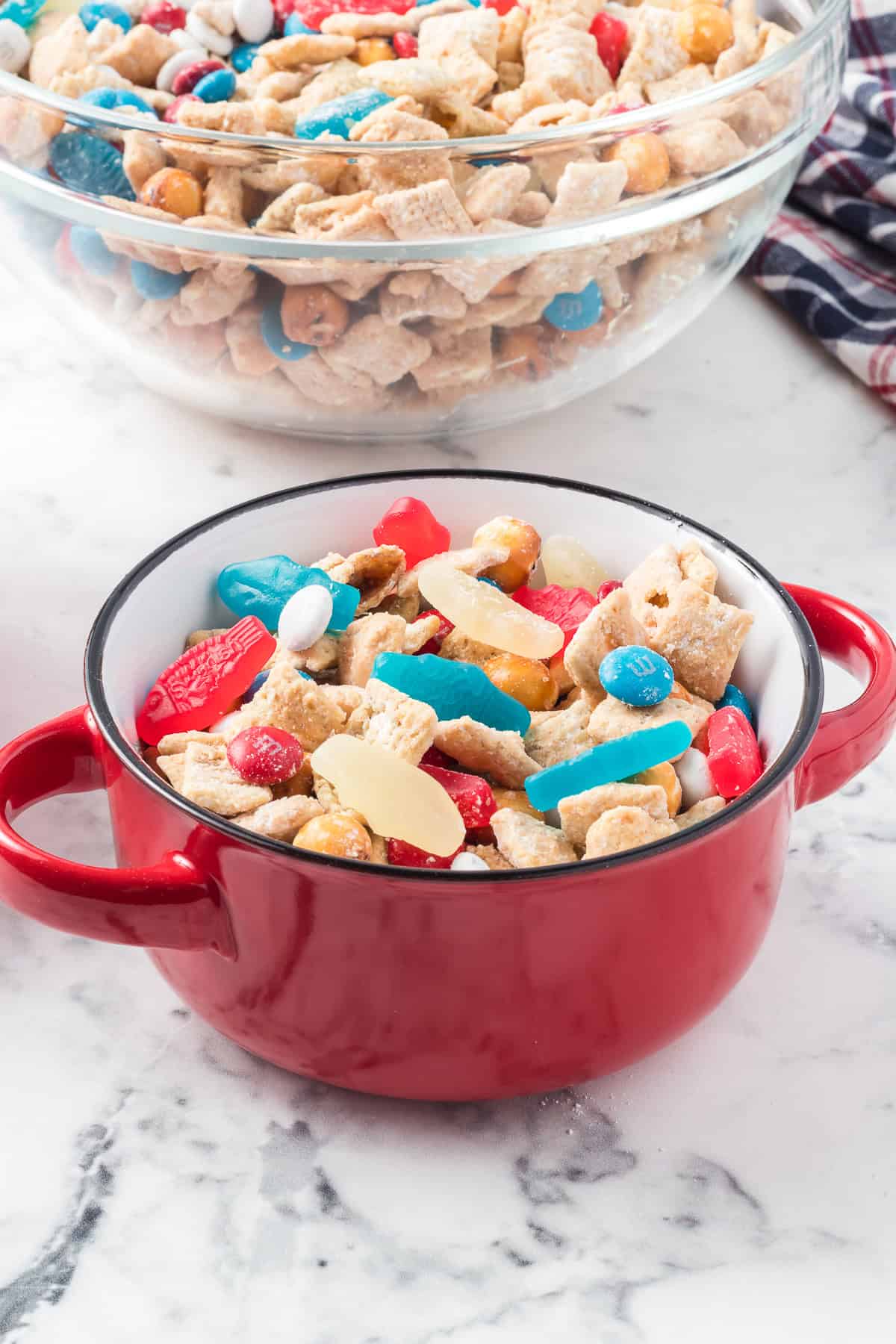 A bowl of red, white, and blue snack for Memorial Day and the fourth of July.