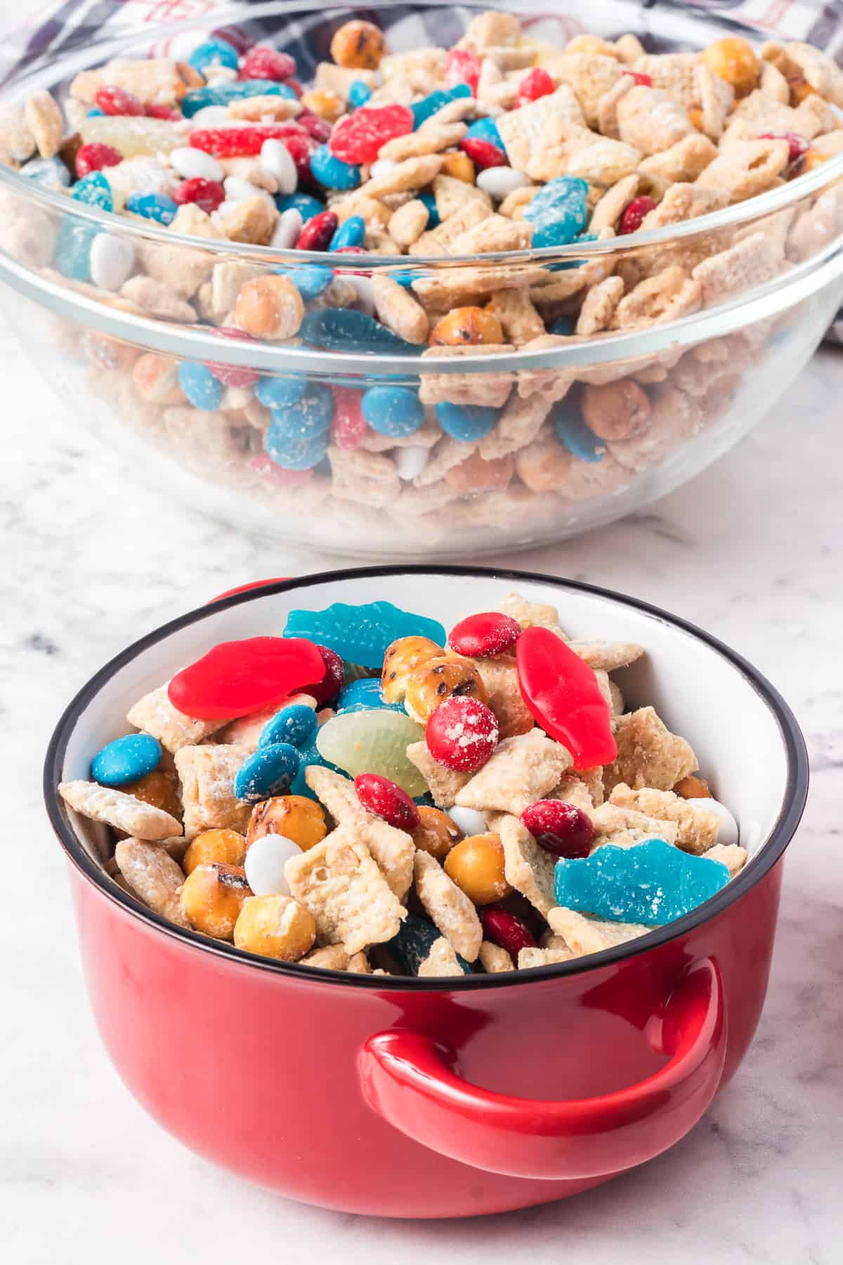 A patriotic snack dessert in a red crock.