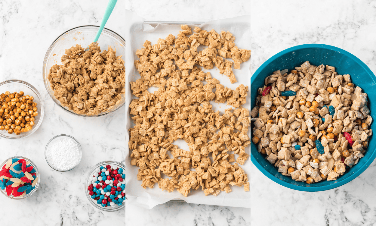 Three process photos showing how to make a patriotic snack mix.