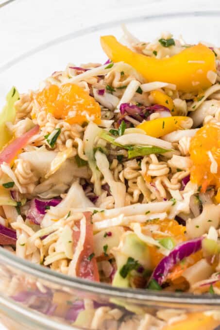 Coleslaw, dry ramen noodles, mandarin oranges and chicken tossed in a sesame ginger dressing for a Chinese Chicken Salad.