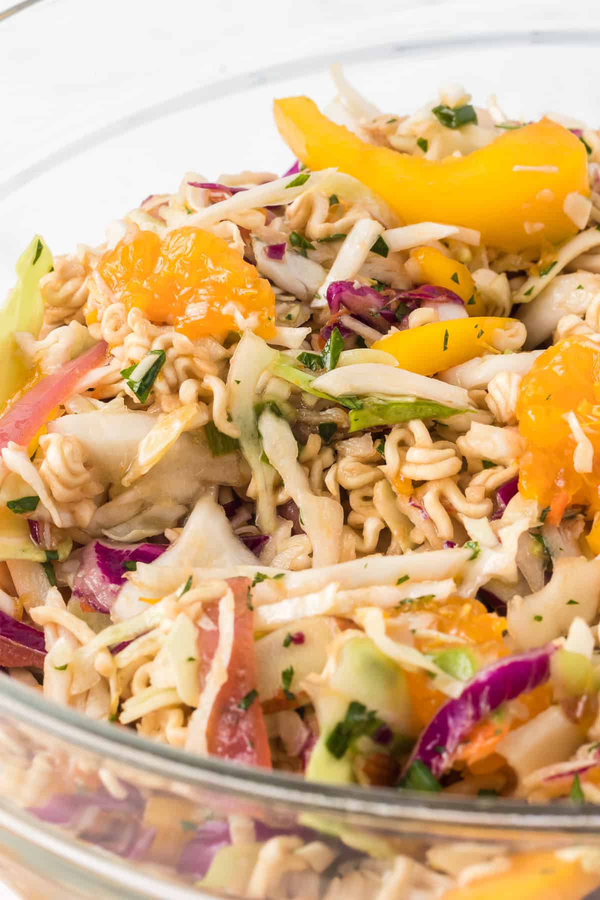 Coleslaw, dry ramen noodles, mandarin oranges and chicken tossed in a sesame ginger dressing for a Chinese Chicken Salad.