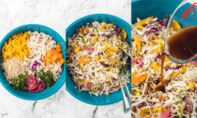Process photos for making a chicken Chinese salad.
