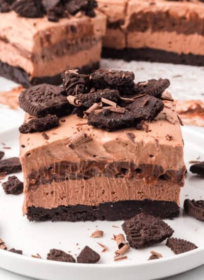 A slice of a chocolate no bake dessert lasagna.