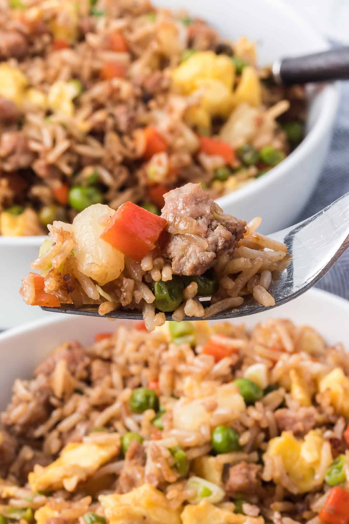 A bite of fried rice with pork.