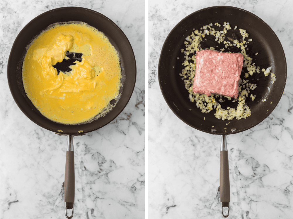 Two process phots showing scrambled eggs and cooking ground pork for fried rice with pork.