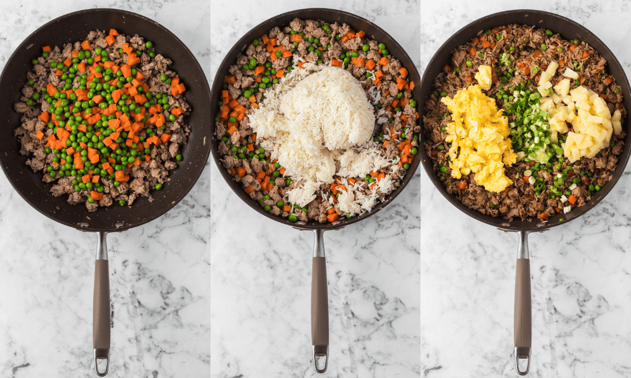 Three process photos showing how to make fried rice with ground pork.