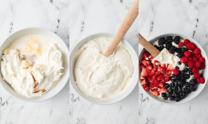 Process photos to make a Red, White, and Blue Cheesecake Salad.