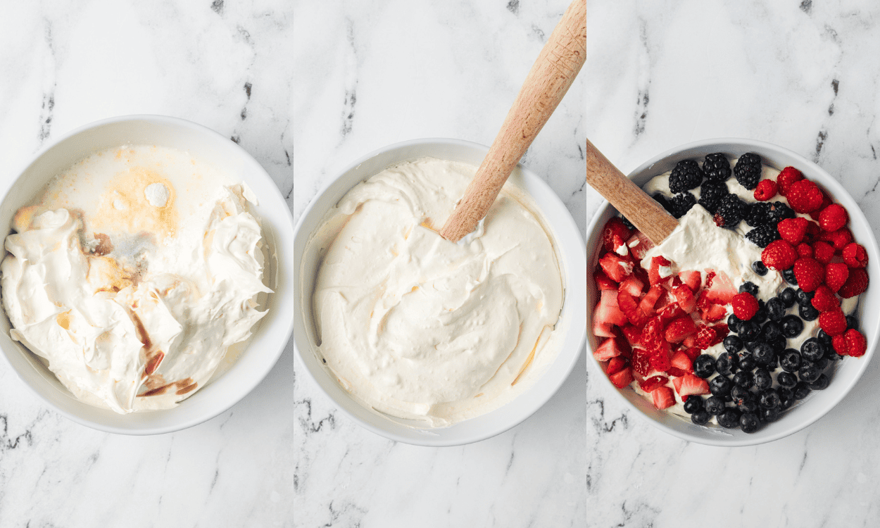 Process photos to make a Red, White, and Blue Cheesecake Salad.