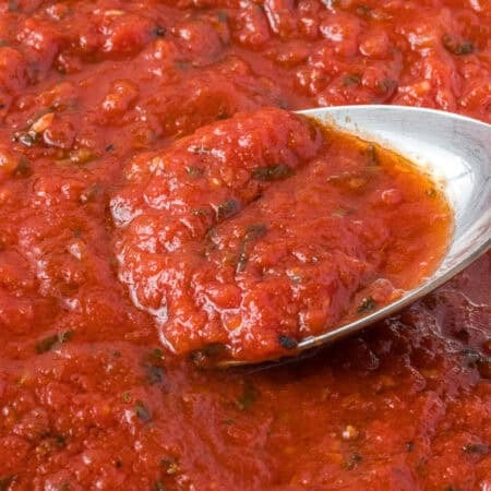 Homemade pasta sauce with crushed tomatoes.