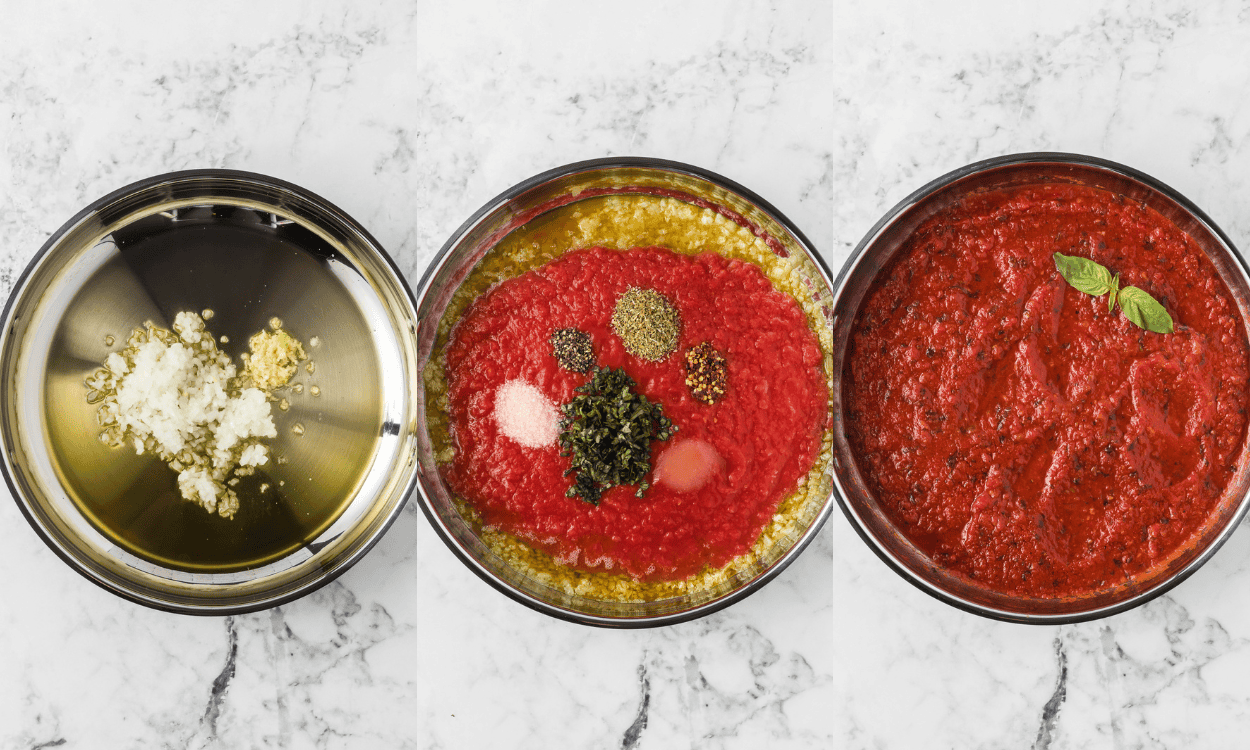 Process photos showing how to make pasta sauce.