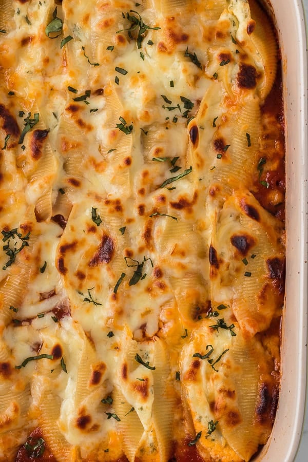 Jumbo pasta shells stuffed with a ricotta cheese filling and topped with a homemade marinara.